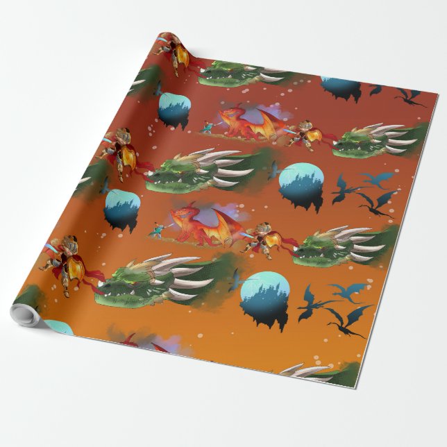 Papel De Presente Cavaleiros e Dragões (Desenrolado)