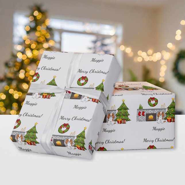 Papel De Presente Cavalier Blenheim Cachorro em uma Sala de Natal &  (Criador carregado)