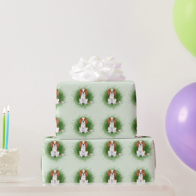 Papel De Presente Cavalier King Charles Spaniel Blenheim em Verde (Presentes para festas)