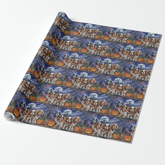 Papel De Presente Cavalier King Charles Spaniel Halloween Assustador (Desenrolado)