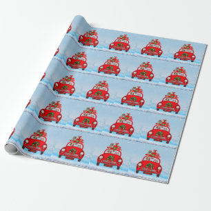 Papel De Presente Cavalier King Dog Em Carro Com Papai Noel