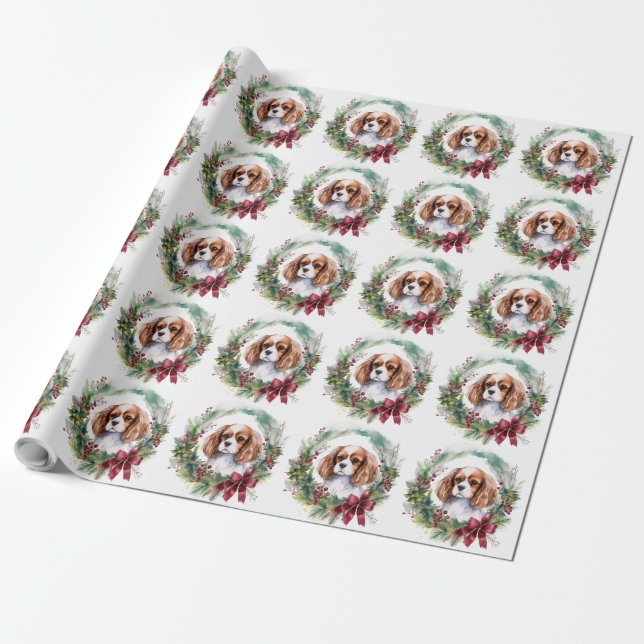 Papel De Presente Cavalier King Wreath Festivo Pup (Desenrolado)