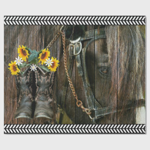 Papel De Presente Cavalo Cowboy Boots Girassóis Flores Rústicas Co