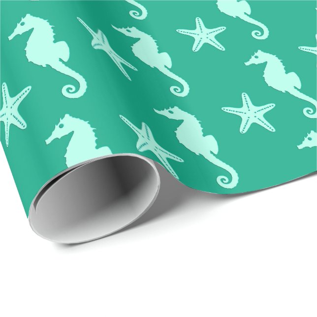 Papel De Presente Cavalo-da-costa e estrelas-do-mar - verde-mar e ma (Ponta do rolo)
