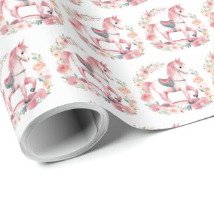 Papel De Presente Cavalo de Balanço Rosa Fofo para Bebê Menina