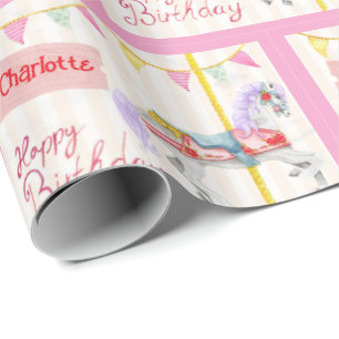 Papel De Presente Cavalo de Carrossel de Aniversário Adicionar Nome