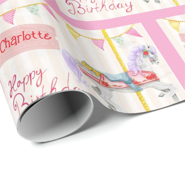 Papel De Presente Cavalo de Carrossel de Aniversário Adicionar Nome  (Ponta do rolo)