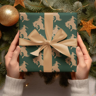 Papel De Presente Cavalo De Cowboy Ocidental No Natal Verde Escuro