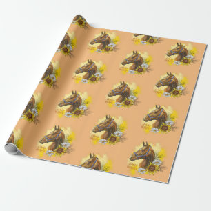 Papel De Presente Cavalo de desenho manual com plantas e flores