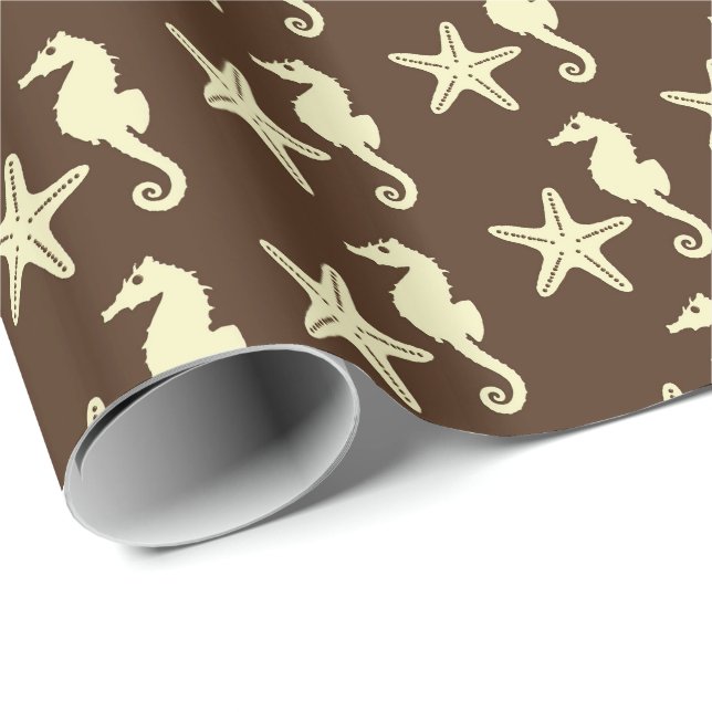 Papel De Presente Cavalo-do-mar e estrelas-do-mar - castanho-escuro  (Ponta do rolo)