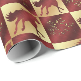 Papel De Presente Cavalo Dourado e Vinho com Folhas Douradas