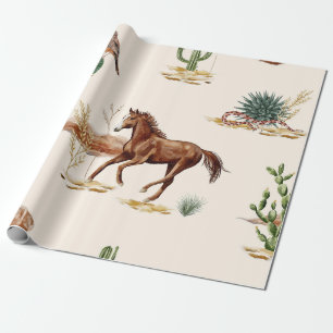 Papel De Presente Cavalo e Cacto de Deserto Rústico em Aquarela da V