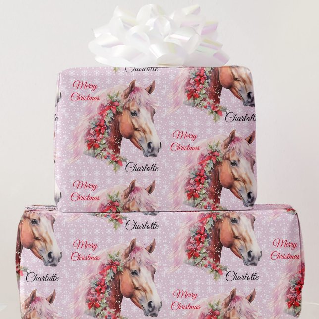 Papel De Presente Cavalo em fitas de Natal adiciona nome de garota r (Criador carregado)