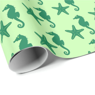 Papel De Presente Cavalo-marinho e estrela-do-mar - verde lima e esm
