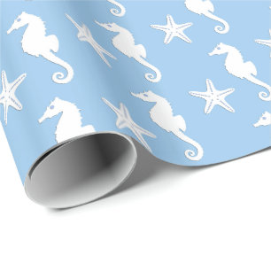 Papel De Presente Cavalo marinho & estrela do mar - branco em azul
