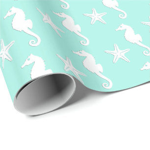 Papel De Presente Cavalo marinho & estrela do mar - branco no aqua