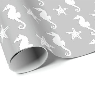 Papel De Presente Cavalo marinho & estrela do mar - branco no cinza