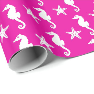 Papel De Presente Cavalo marinho & estrela do mar - branco no rosa
