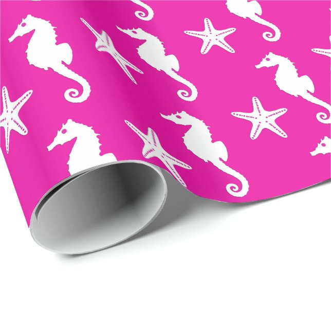 Papel De Presente Cavalo marinho & estrela do mar - branco no rosa (Ponta do rolo)