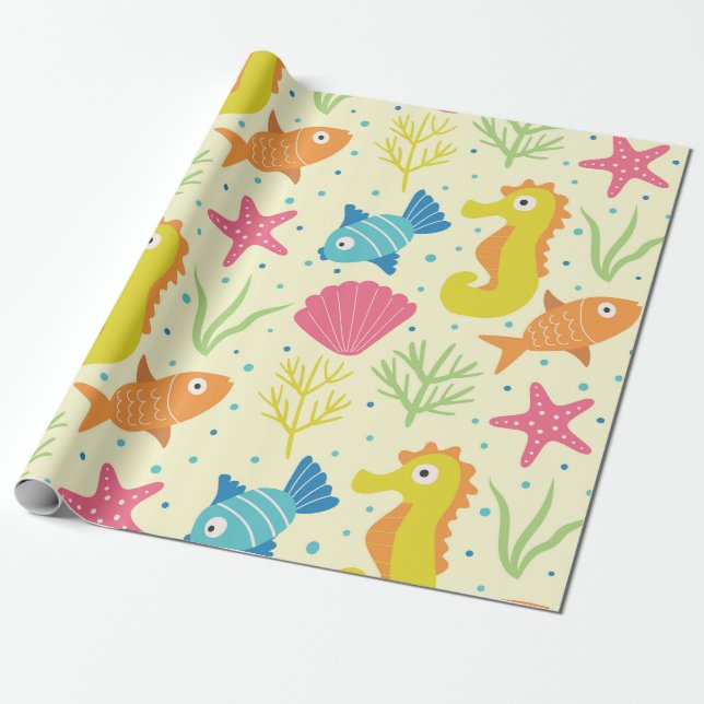 Papel De Presente Cavalo-marinho submarino, estrelas-do-mar conchas  (Desenrolado)