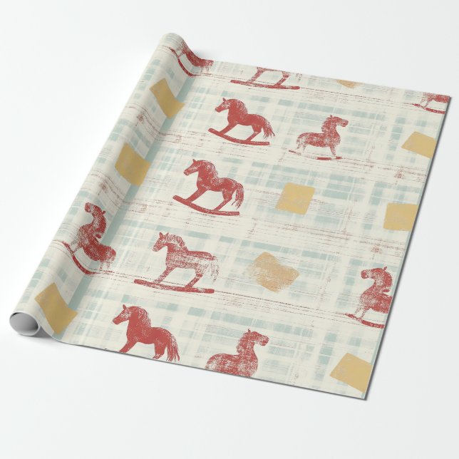 Papel De Presente Cavalo Mecedor Antigo com Padrão Xadrez Teal (Desenrolado)