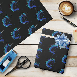 Papel De Presente Cavalo Preto Elegante Unicórnio Azul Prata Fantasi