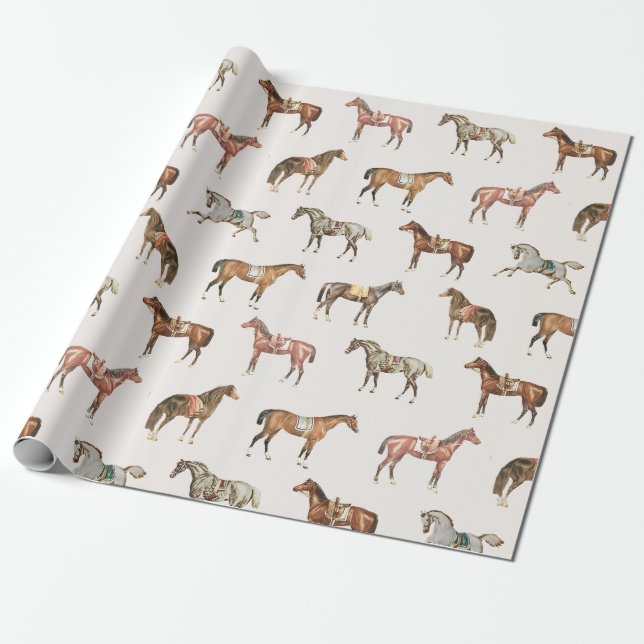 Papel De Presente Cavalos Beige Elegantes e Vintage  (Desenrolado)