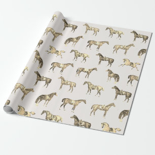 Papel De Presente Cavalos Beige Elegantes e Vintage Selados