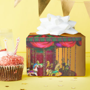 Papel De Presente Cavalos Carrossel em Dourado