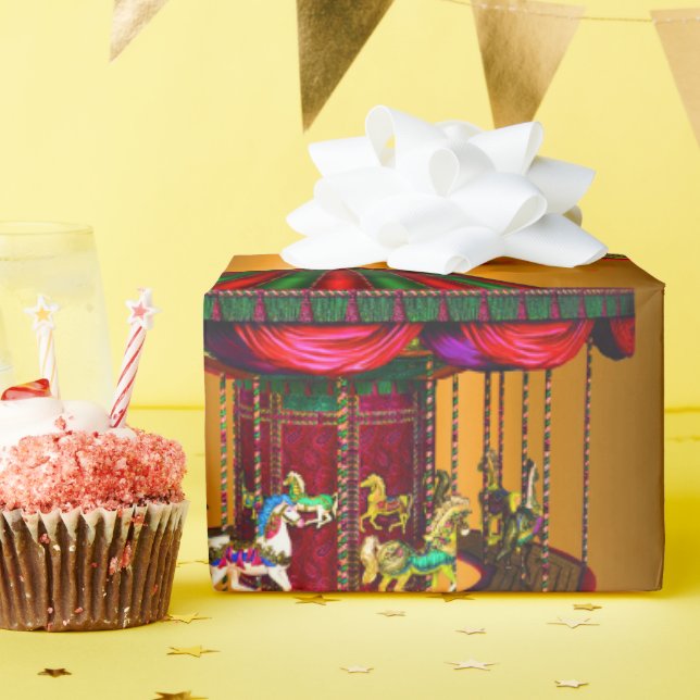 Papel De Presente Cavalos Carrossel em Dourado (Festa de aniversário)