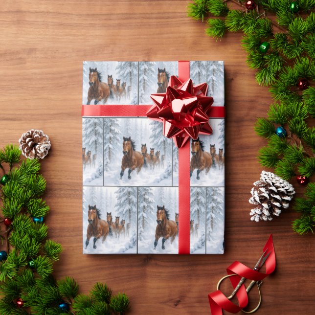 Papel De Presente Cavalos Correndo por uma Floresta Nevada (Presente de Natal)