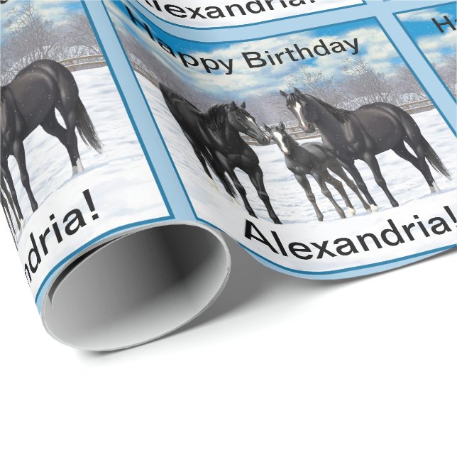 Papel De Presente Cavalos Do Quarto Negro Na Neve (Ponta do rolo)