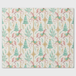 Papel De Presente Cavalos e Árvores Rosa Verde Pastel