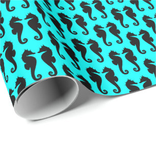 Papel De Presente Cavalos Marinhos Pretos em Azul Água