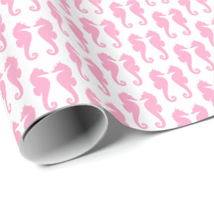 Papel De Presente Cavalos-Marinhos Rosa Cravo em Branco