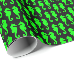 Papel De Presente Cavalos-Marinhos Verde-Limão em Preto