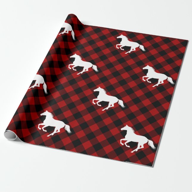 Papel De Presente Cavalos na Xadrez de Buffalo Vermelho (Desenrolado)