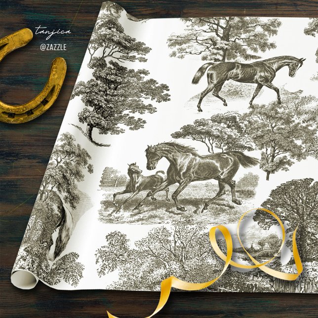 Papel De Presente Cavalos Rústicos Elegantes Beige Toile Sem Costura (Criador carregado)