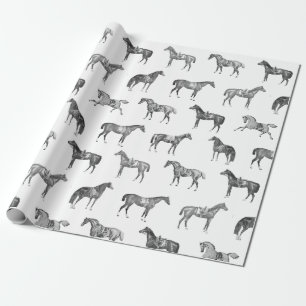Papel De Presente Cavalos Sela Preta e Branca Elegantes Vintage