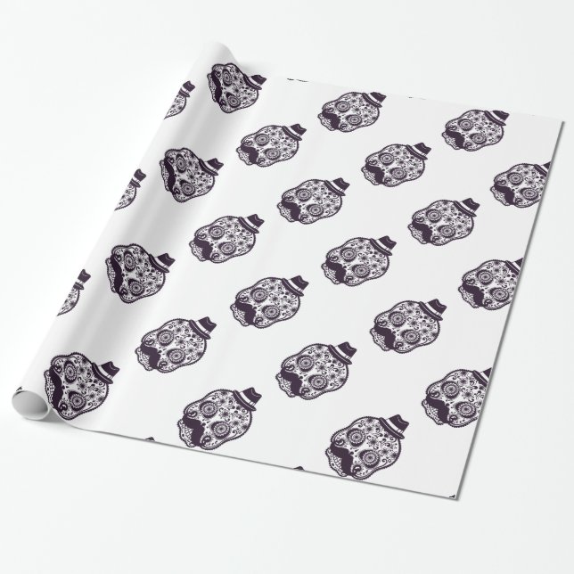Papel De Presente Caveira de Açúcar com Chapéu Fedora (Desenrolado)