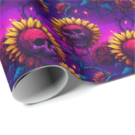 Papel De Presente Caveira e Girassóis - Brilho Floral Gótico