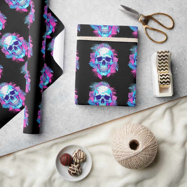 Papel De Presente Caveira Floral em Estilo Vaporwave (Artesanato)