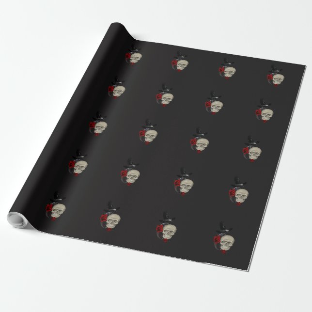Papel De Presente Caveira Gótica com Rosa e Raven (Desenrolado)