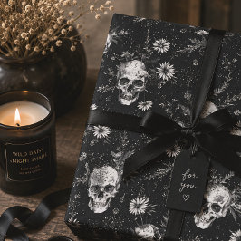 Papel De Presente Caveira Gótica e Flores Silvestres Floral Preto