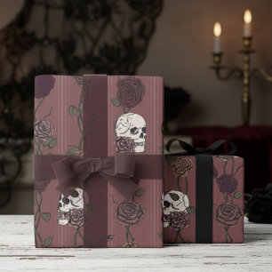 Papel De Presente Caveira Gótica Roxa Escura e Listras de Rosa