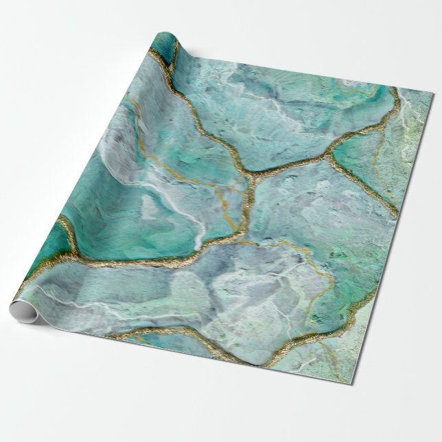 Papel De Presente Celadon Green, Jade, Mint Kintsugi Geode (Desenrolado)