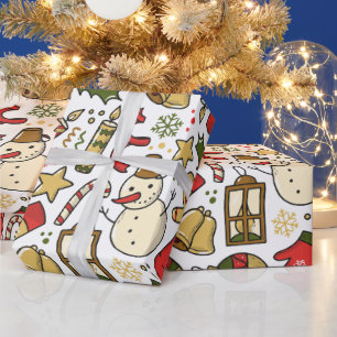 Papel De Presente Celebração Colorida de Natal com Boneco de Neve 