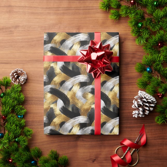 Papel De Presente Celebração de Natal Dourado Prata Preto (Presente de Natal)