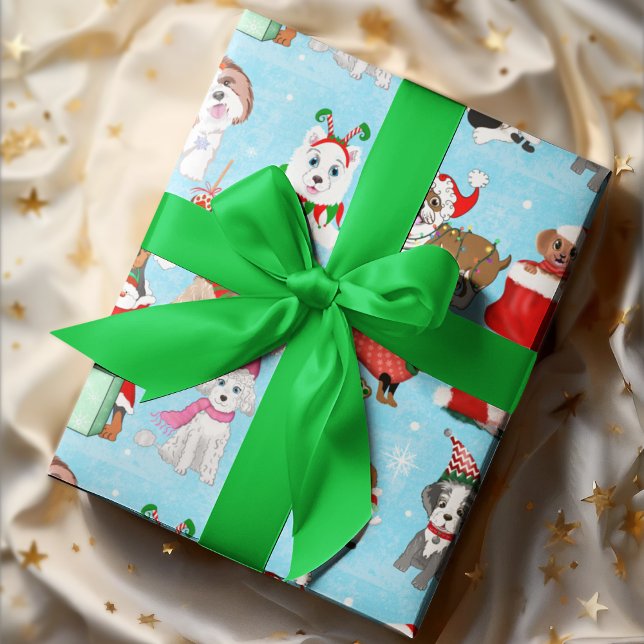 Papel De Presente Celebração dos Cães de Natal  (Paw-some Christmas spirit with 11 adorable dogs, wagging tails and joy!)