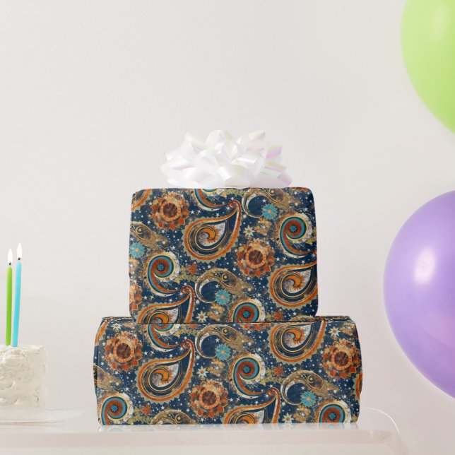 Papel De Presente Celestial Paisley Patterno Azul, Laranja, Dourado (Presentes para festas)
